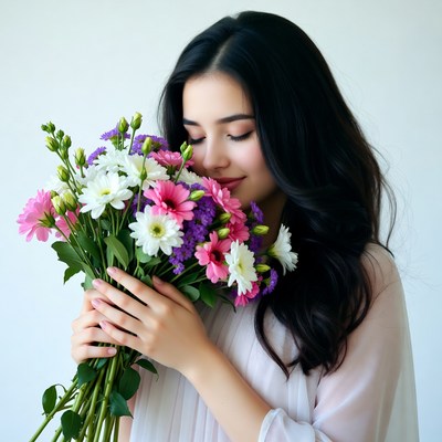 Asian woman smelling colorful flowers