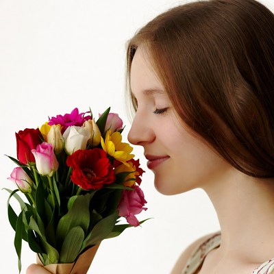 Woman smelling colorful bouquet