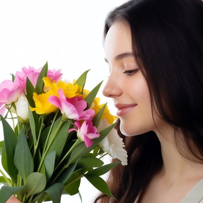 Woman smelling colorful bouquet