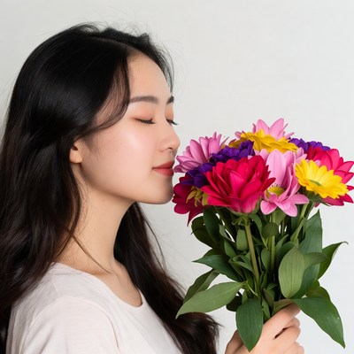Asian woman smelling colorful bouquet