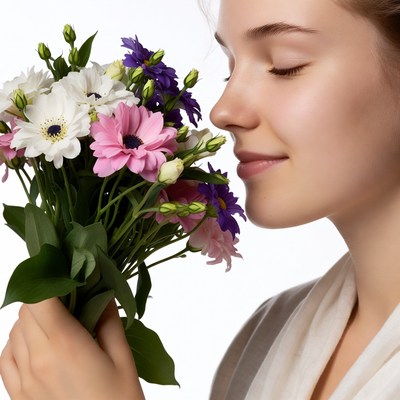 Young woman smelling flowers