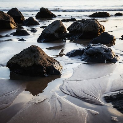 Rocks on Wet Beach Shore