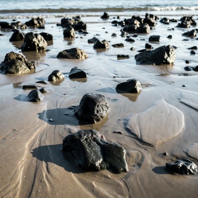 Rocks on Wet Beach Shore