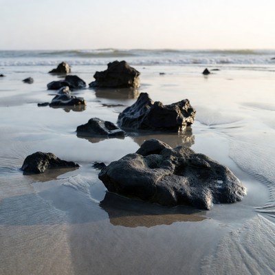 Black Rocks on Wet Beach Shore