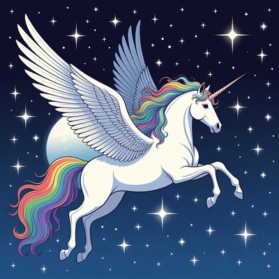 Winged Rainbow Unicorn Flying in Night Sky