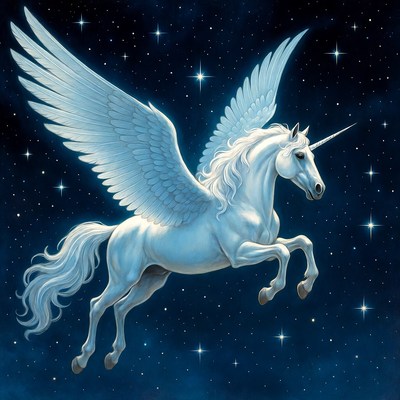 Winged White Unicorn Flying in Stars