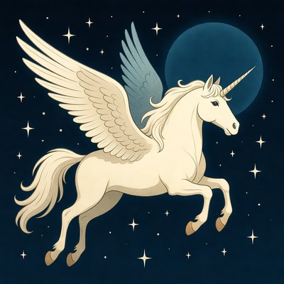 Winged Unicorn Flying in Starry Sky