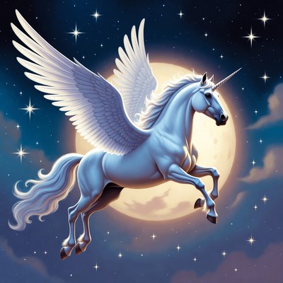 Winged Unicorn Flying Over Moon