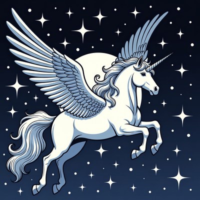 Winged Unicorn Flying in Night Sky