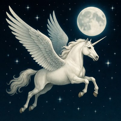 Winged Unicorn Flying Under Moon