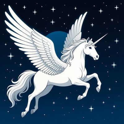 Winged Unicorn Flying in Starry Sky