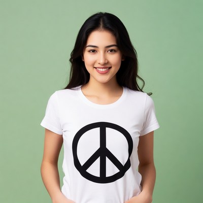 Asian woman in peace symbol t-shirt