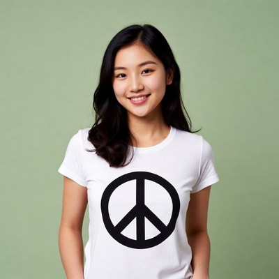 Asian woman in peace symbol t-shirt