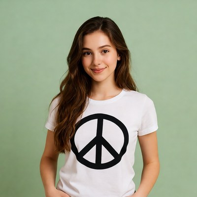 Woman in peace symbol t-shirt