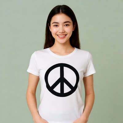 Asian woman wearing peace sign t-shirt