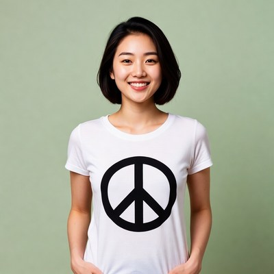 Asian woman in peace sign t-shirt