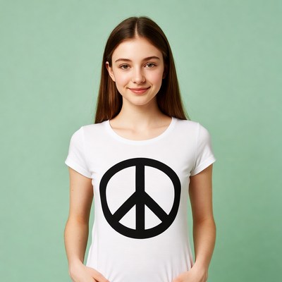 Girl wearing peace sign t-shirt