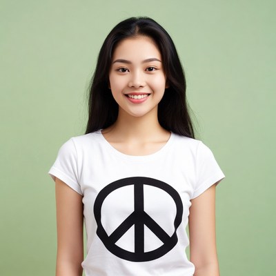 Asian woman in peace sign t-shirt