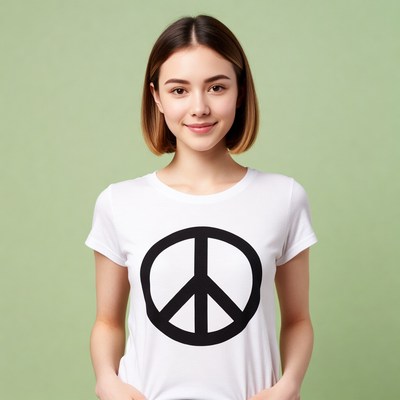 Asian woman in peace sign t-shirt