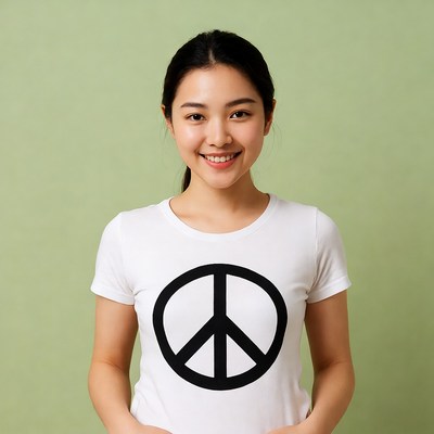Asian woman in peace sign t-shirt