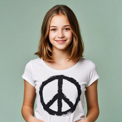 Teen girl wearing peace sign t-shirt