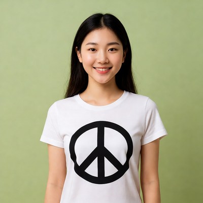 Asian woman in peace sign t-shirt