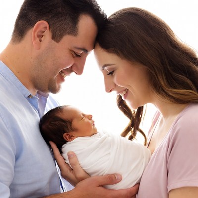 Parents cradling newborn baby