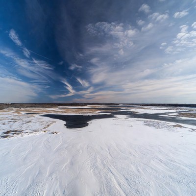 Winter Marsh Landscape with Snowy Ponds