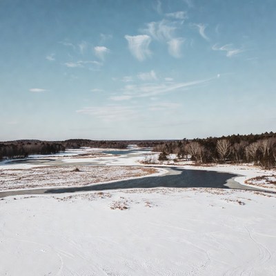 Winter River Landscape with Snowy Marshes