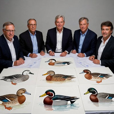 Businessmen signing duck illustrations contract