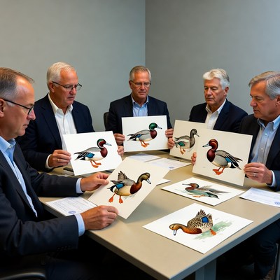 Businessmen holding mallard duck illustrations