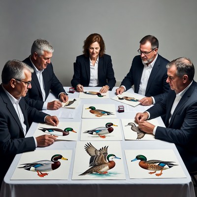 Businessmen and woman examining duck paintings