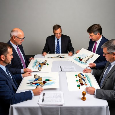 Businessmen examining duck paintings