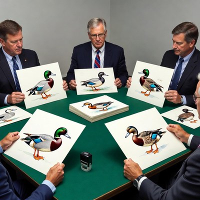 Businessmen holding mallard duck illustrations