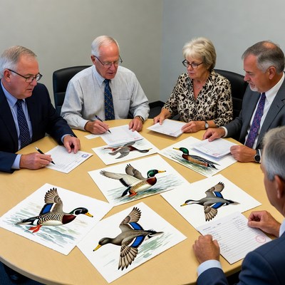 Group examining duck paintings at meeting