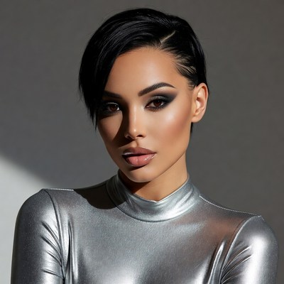 Woman with short black hair in silver outfit