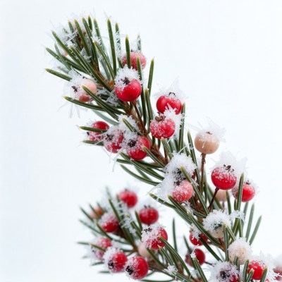 Snowy Pine Branch with Red Berries