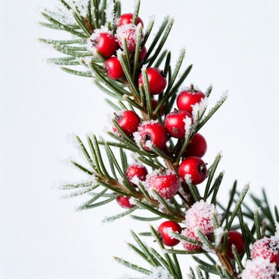 Snowy Red Berries on Pine Branch