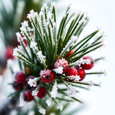 Snowy Pine Branch with Red Berries