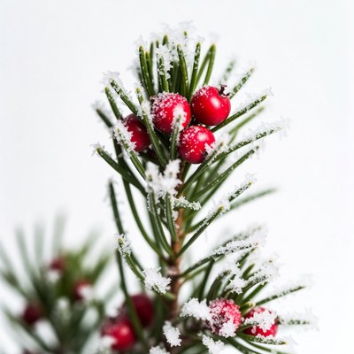Snowy Pine Branch with Red Berries
