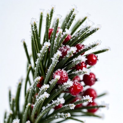 Frosty pine branch with red berries