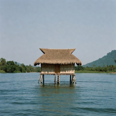 Stilt House on River with Mountains