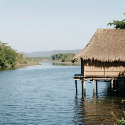 Stilt house over tropical river