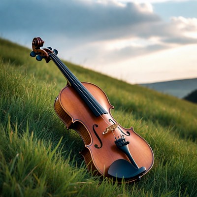 Violin lying on green hillside