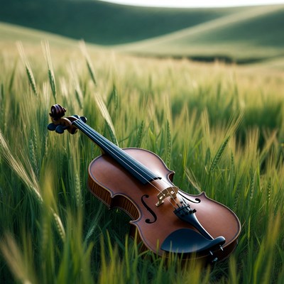 Violin lying in wheat field