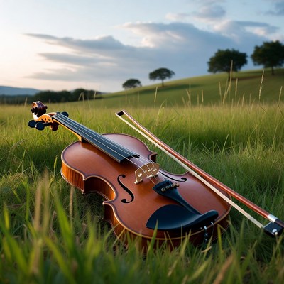 Violin Lying in Green Grass Field