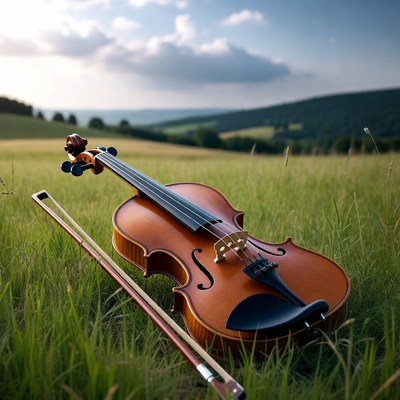 Violin and Bow on Grassy Field