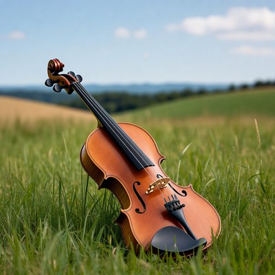 Violin lying in green grass field