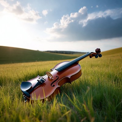 Violin Lying in Green Field