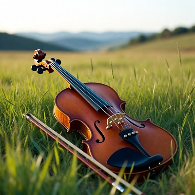 Violin with Bow in Grassy Field
